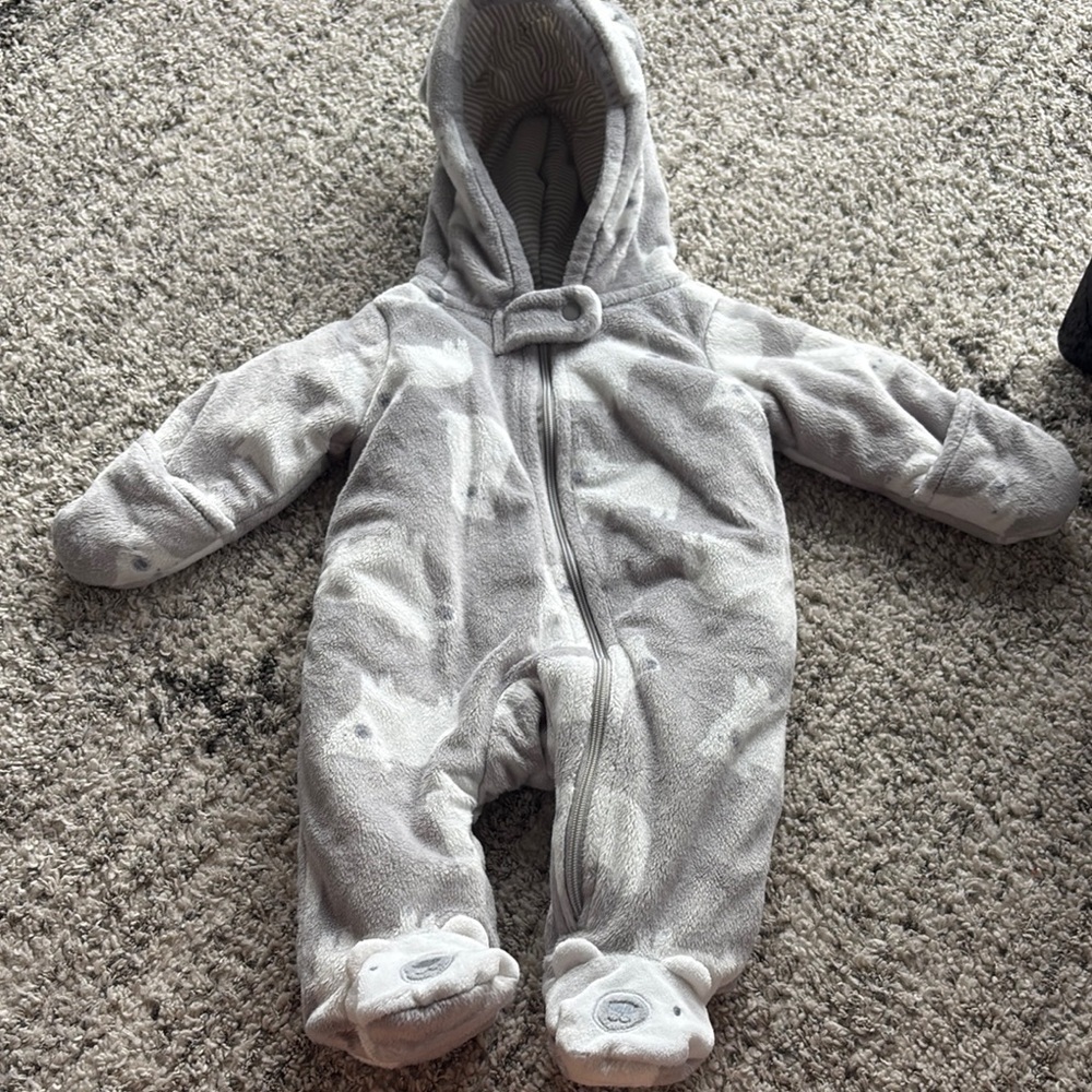 Carter's Gray Footies One Piece with mittens and hood bear design CUTE AND SOFT!